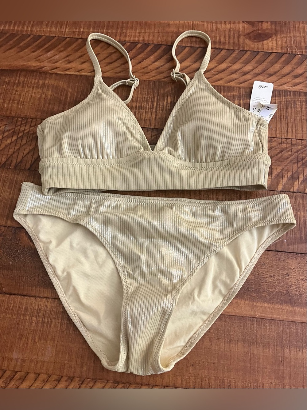 NWT Aerie FULL SET Metallic Triangle Banded Top + Full Coverage Bottom Gold S